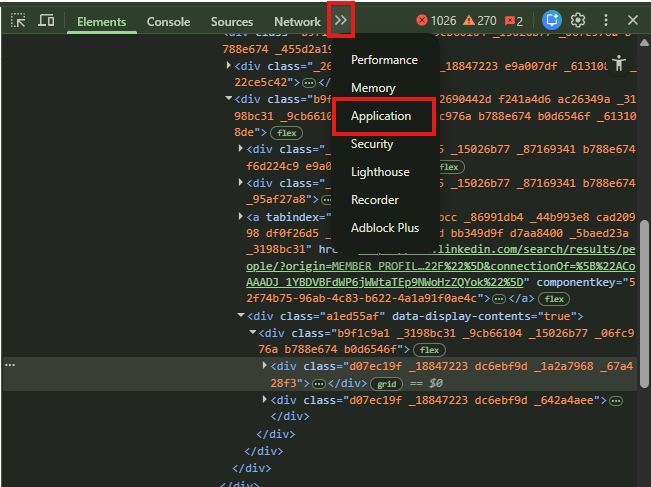 Screenshot: Open the Application tab in browser developer tools. Screenshot: Open the Application tab in browser developer tools.