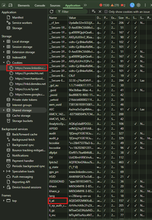 Screenshot: Find LinkedIn cookies under linkedin.com. Screenshot: Find LinkedIn cookies under linkedin.com.