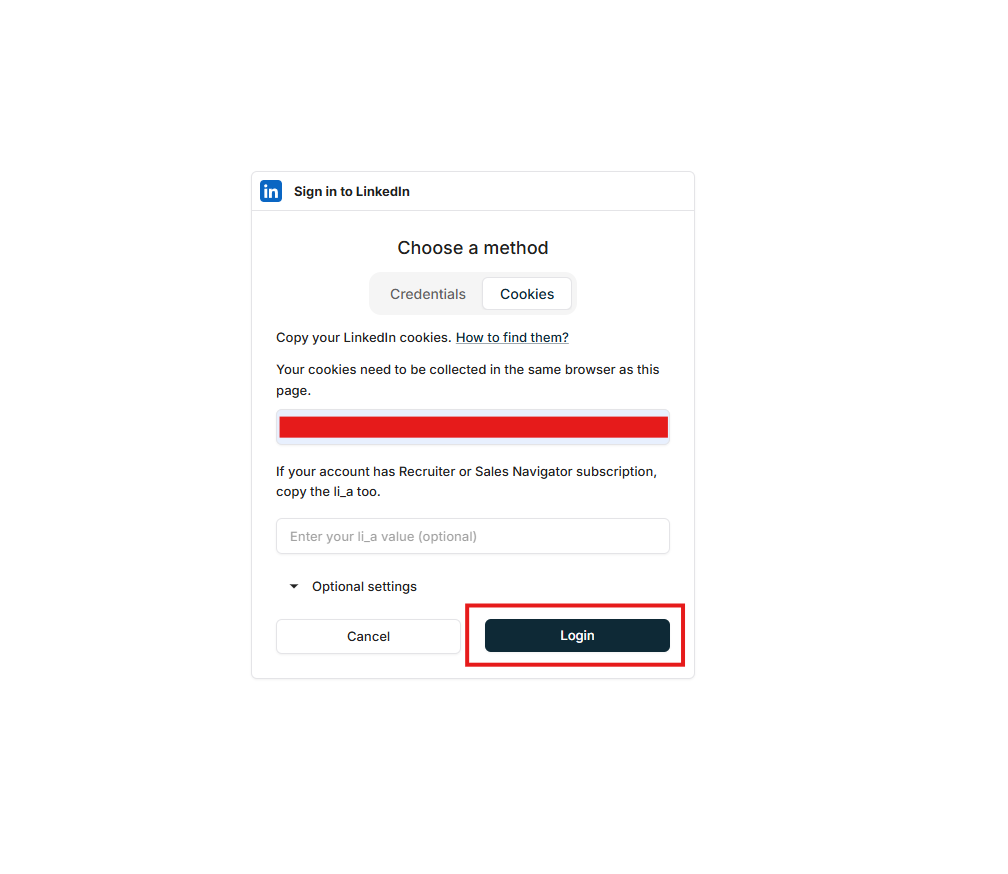 Screenshot: Paste the LinkedIn cookie values and press Login. Screenshot: Paste the LinkedIn cookie values and press Login.