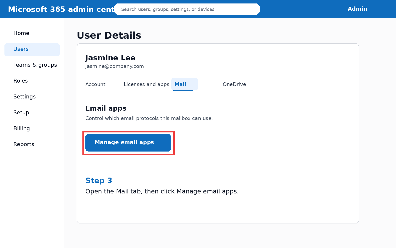 Guide image: Open the Mail tab and click Manage email apps. Guide image: Open the Mail tab and click Manage email apps.