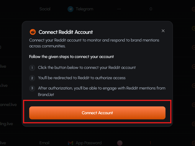 Screenshot: BrandJet Reddit connection prompt.