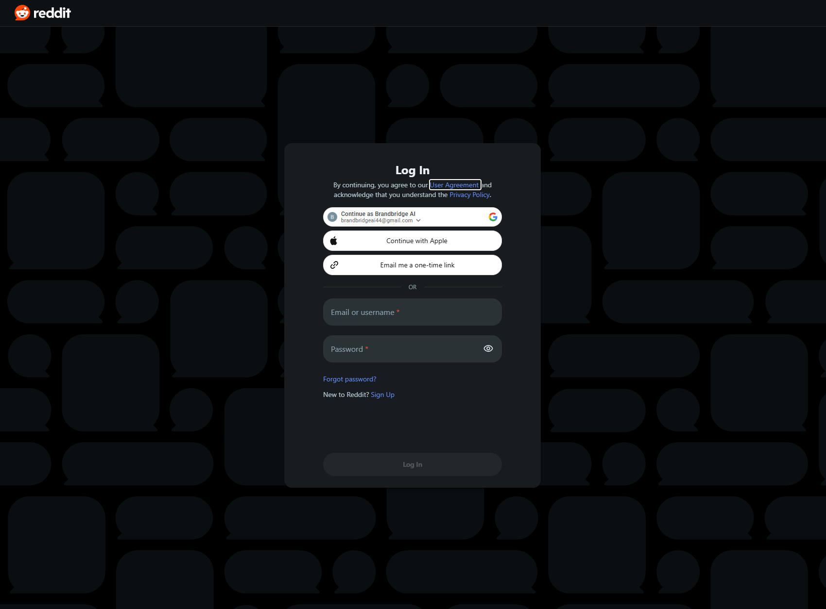 Screenshot: Log into Reddit to finish the BrandJet connection.