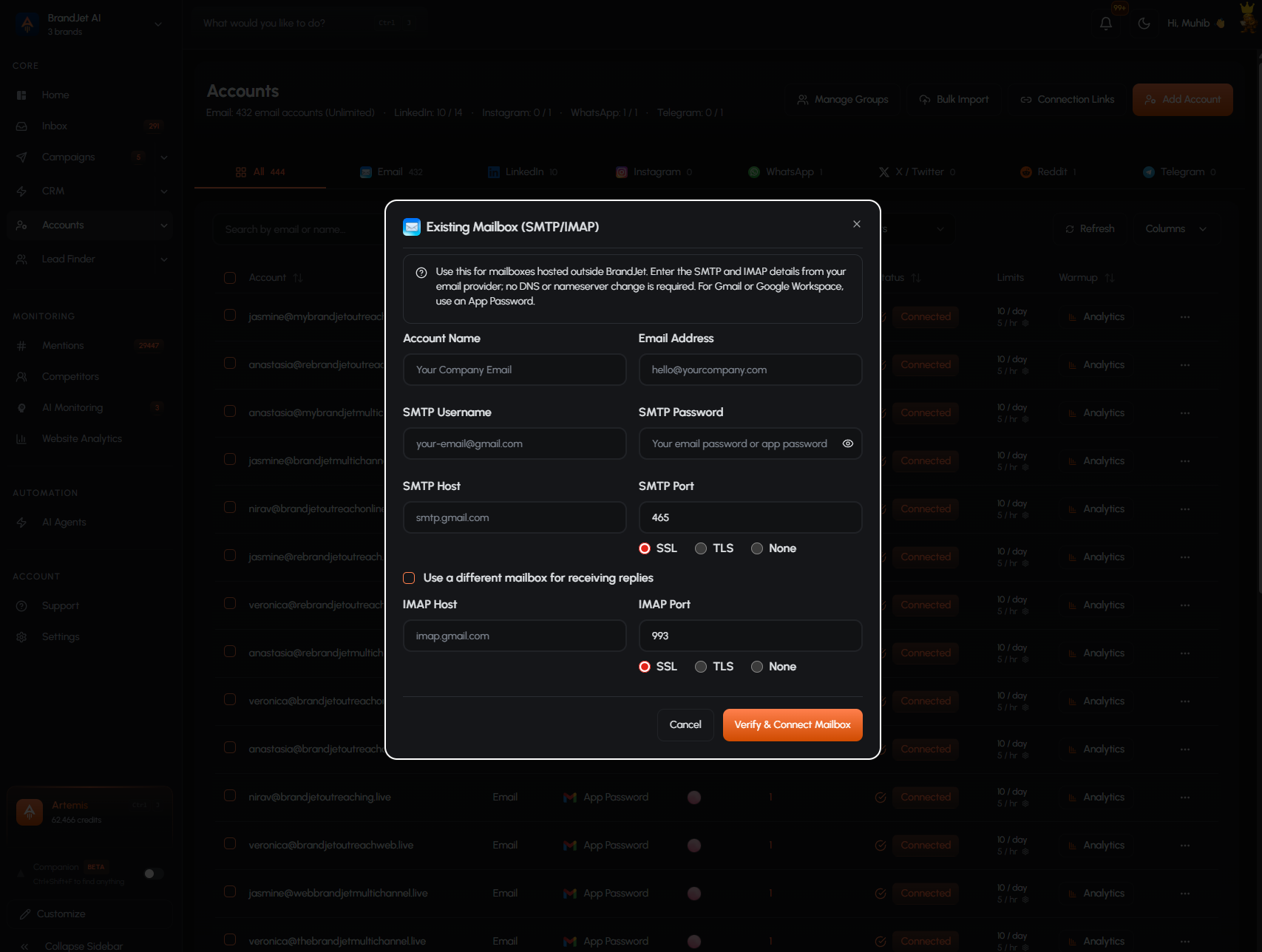 Screenshot: BrandJet Existing Mailbox SMTP/IMAP form. Screenshot: BrandJet Existing Mailbox SMTP/IMAP form.