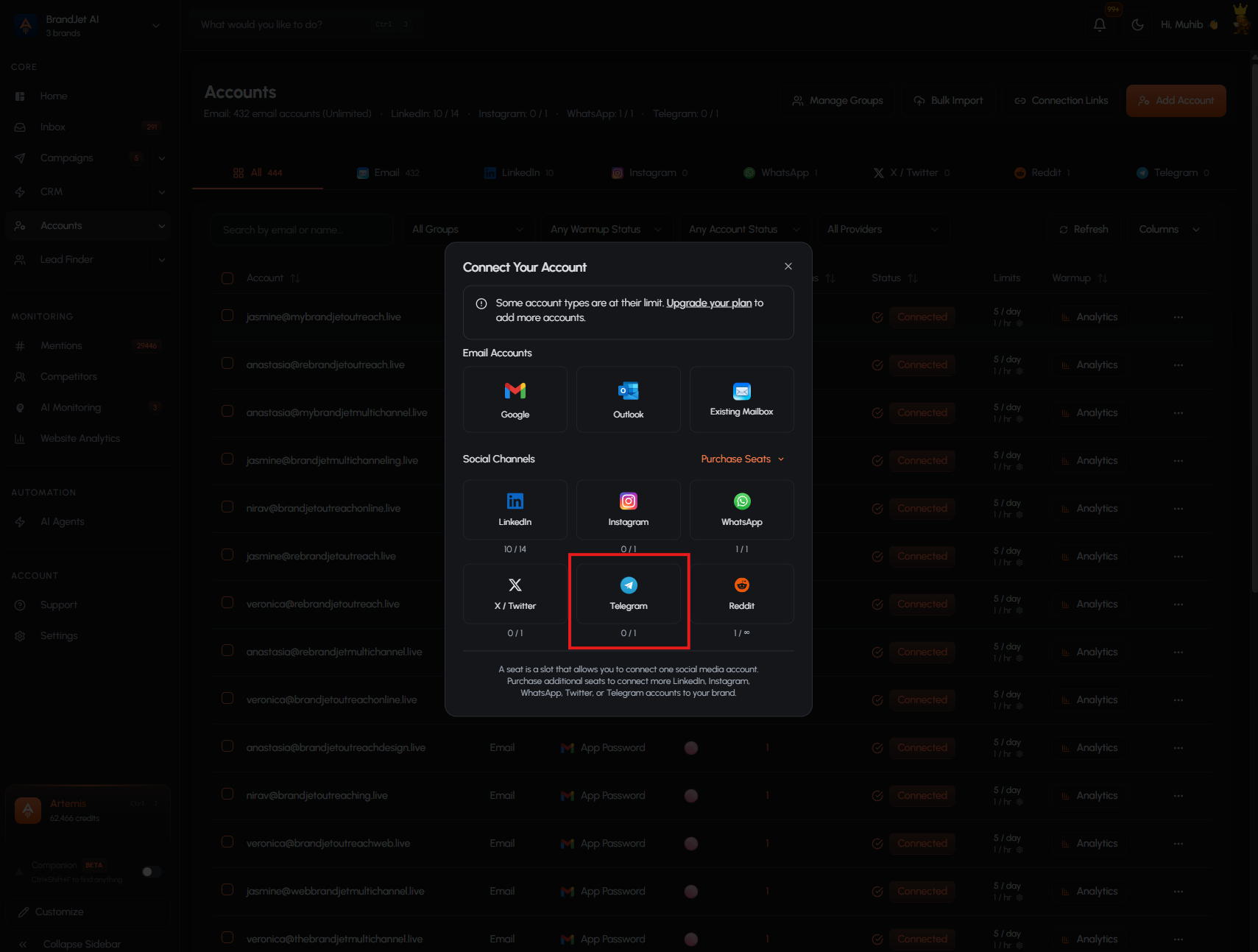 Screenshot: Choose Telegram from the BrandJet Add Account popup.