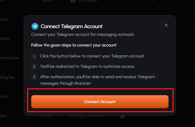 Screenshot: BrandJet Telegram connection prompt.