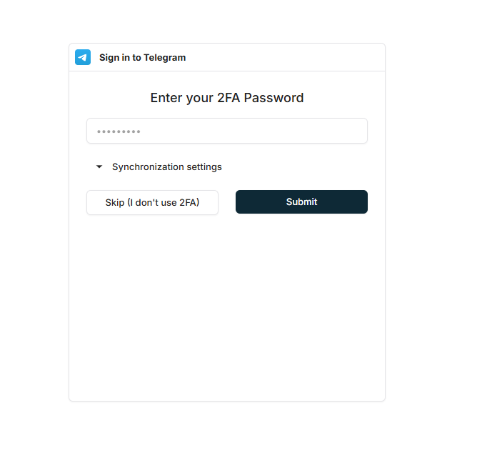 Screenshot: Enter the Telegram 2FA password or skip if you do not use one.