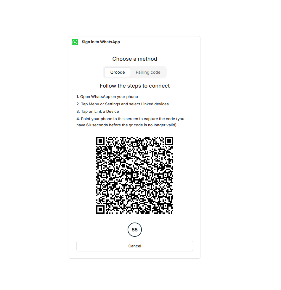 Screenshot: BrandJet WhatsApp QR code connection method. Screenshot: BrandJet WhatsApp QR code connection method.