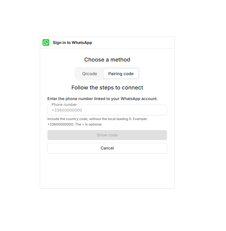 Screenshot: Enter your phone number for the WhatsApp pairing code. Screenshot: Enter your phone number for the WhatsApp pairing code.