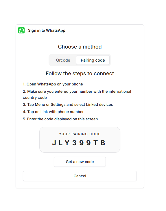 Screenshot: BrandJet gives you the WhatsApp pairing code. Screenshot: BrandJet gives you the WhatsApp pairing code.