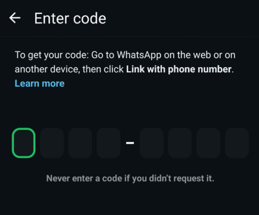 Screenshot: Enter the WhatsApp pairing code on your phone. Screenshot: Enter the WhatsApp pairing code on your phone.