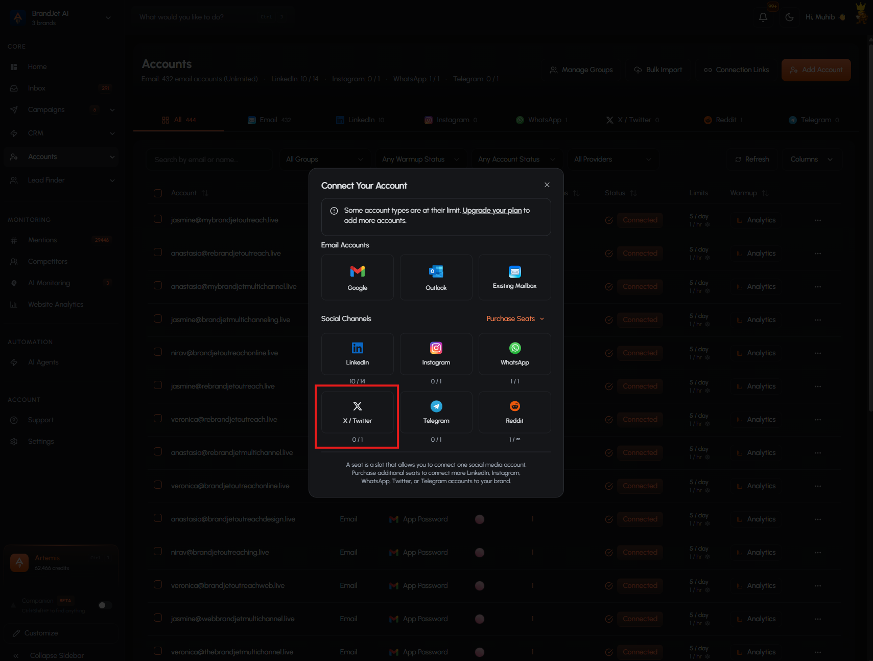 Screenshot: Choose X / Twitter from the BrandJet Add Account popup.