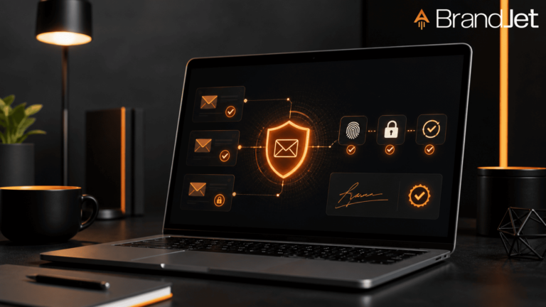 What is SPF DKIM DMARC for email security shown on laptop with shield and authentication icons 