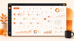 Orange BrandJet outreach sequence builder with timeline touchpoints, channel lanes, reply decision nodes, and performance widgets.