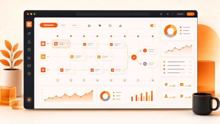 Orange BrandJet outreach sequence builder with timeline touchpoints, channel lanes, reply decision nodes, and performance widgets.