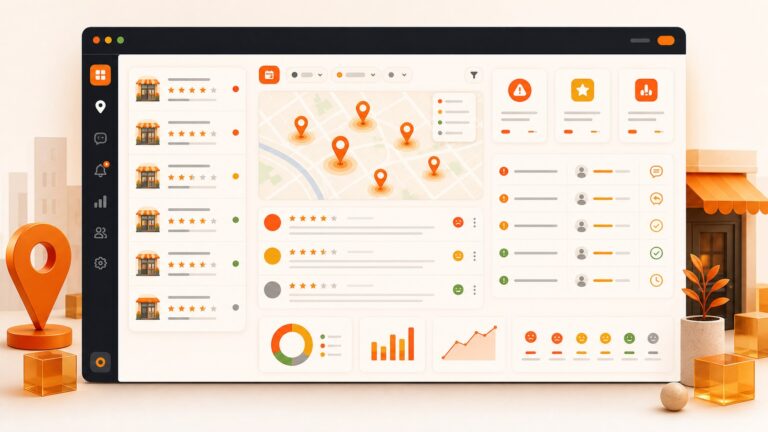 Orange BrandJet review monitoring dashboard for multi-location brands with map pins, rating cards, alerts, sentiment, assignments, and responses.
