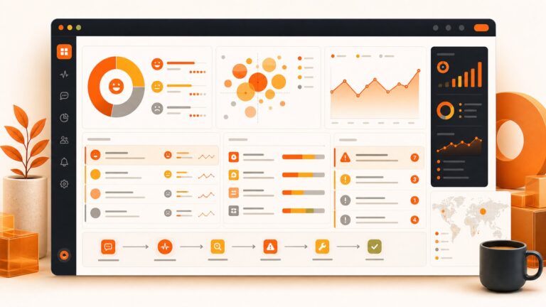 Orange BrandJet sentiment analysis dashboard with sentiment distribution, topic clusters, trend shifts, priority issues, and fix status.