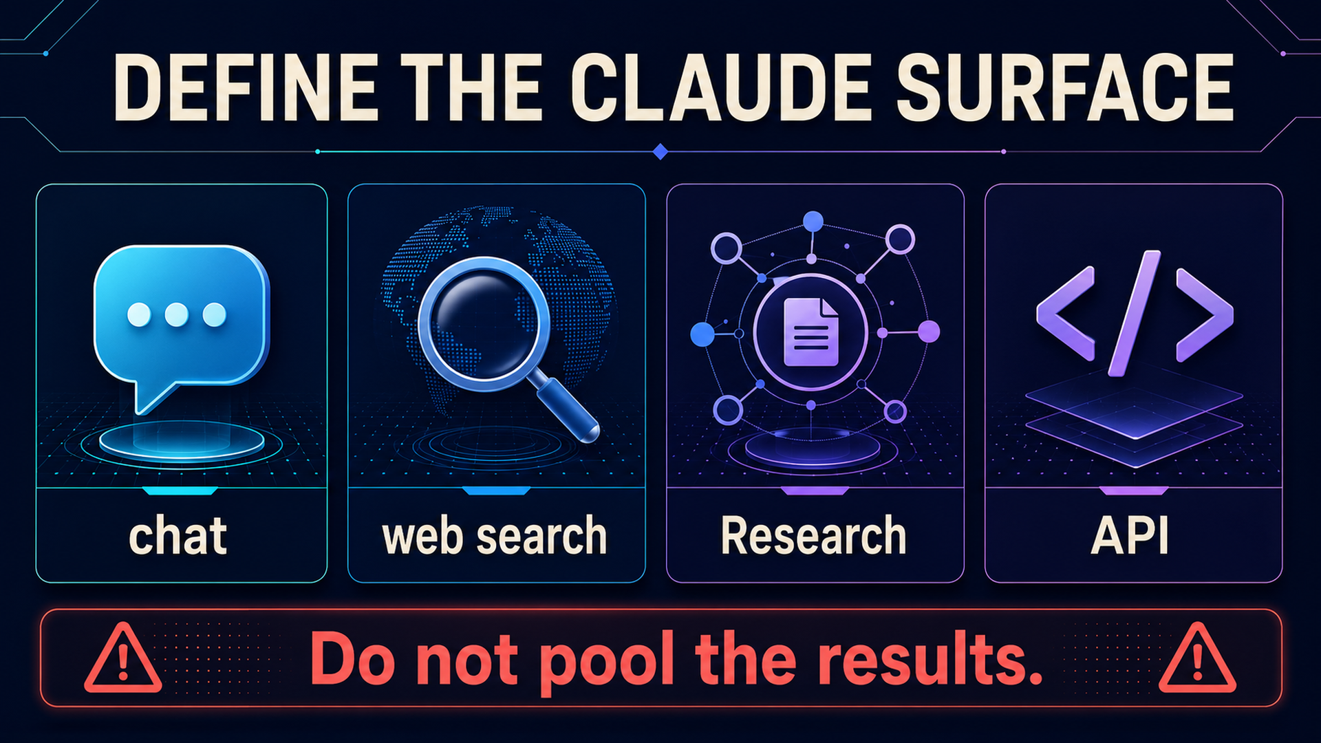 Claude measurement surface comparison covering chat, web search, Research, and API, with a warning not to pool results
