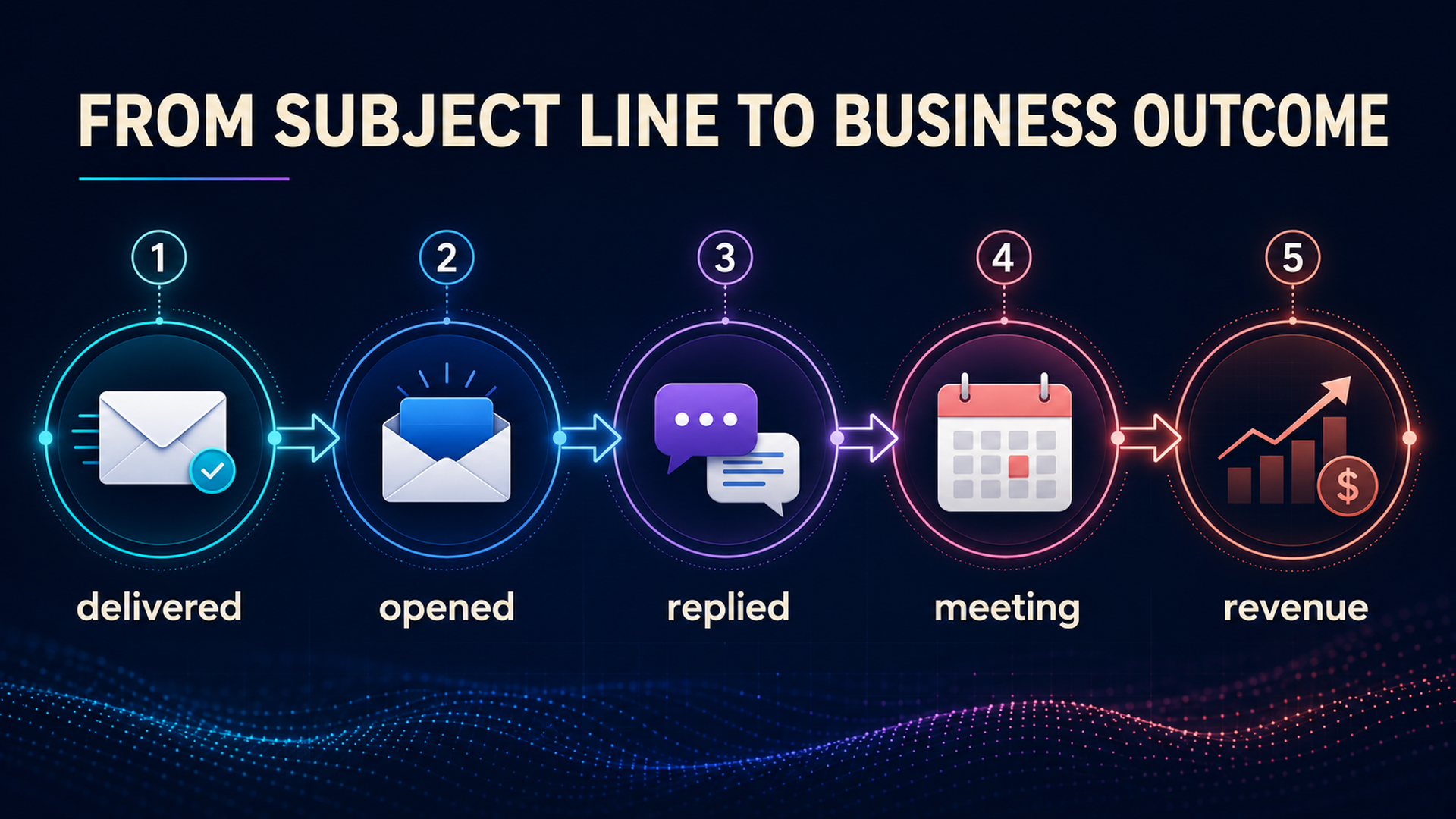 Email testing funnel from delivered messages through opens, replies, meetings, and revenue