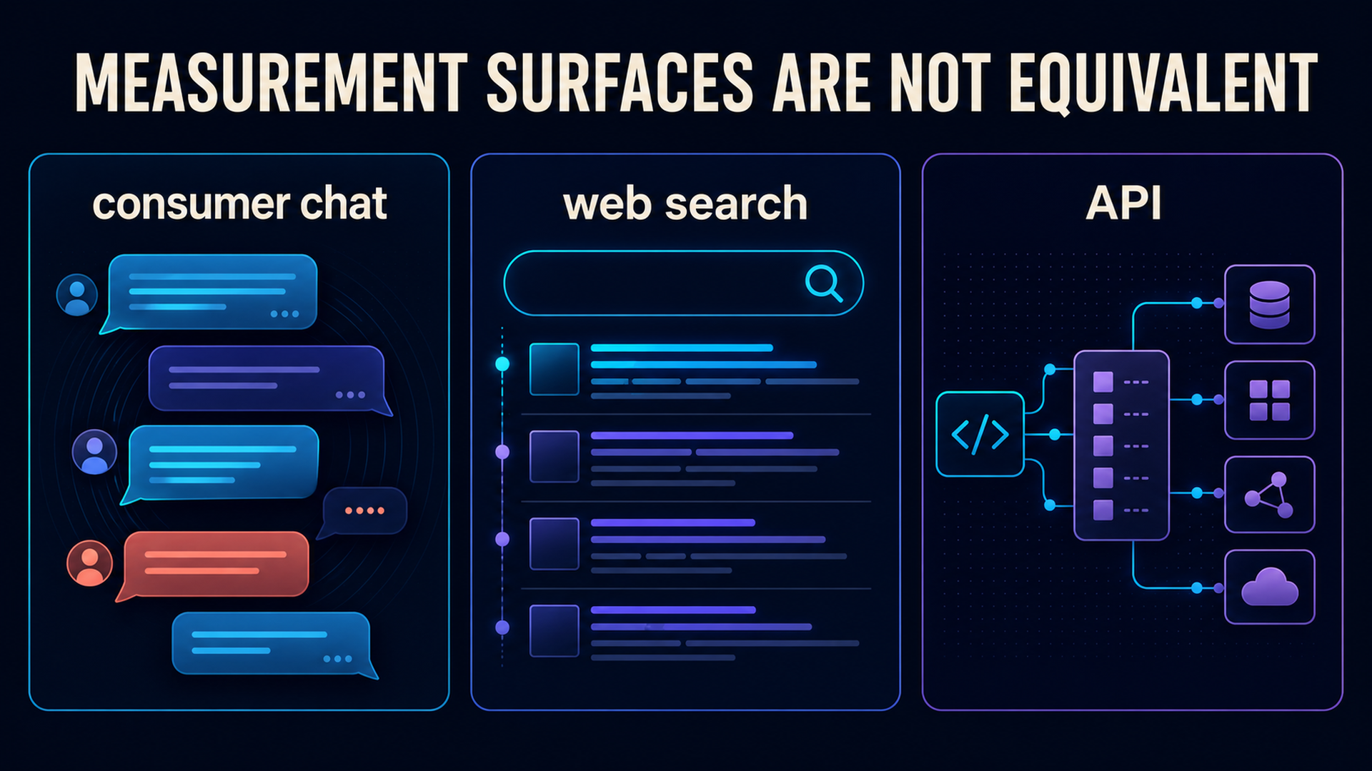 Comparison of consumer chat, web-search, and API measurement surfaces for AI visibility monitoring