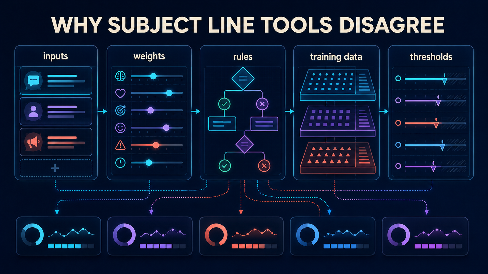 Reasons email subject line testing tools disagree, including inputs, weights, rules, training data, and thresholds