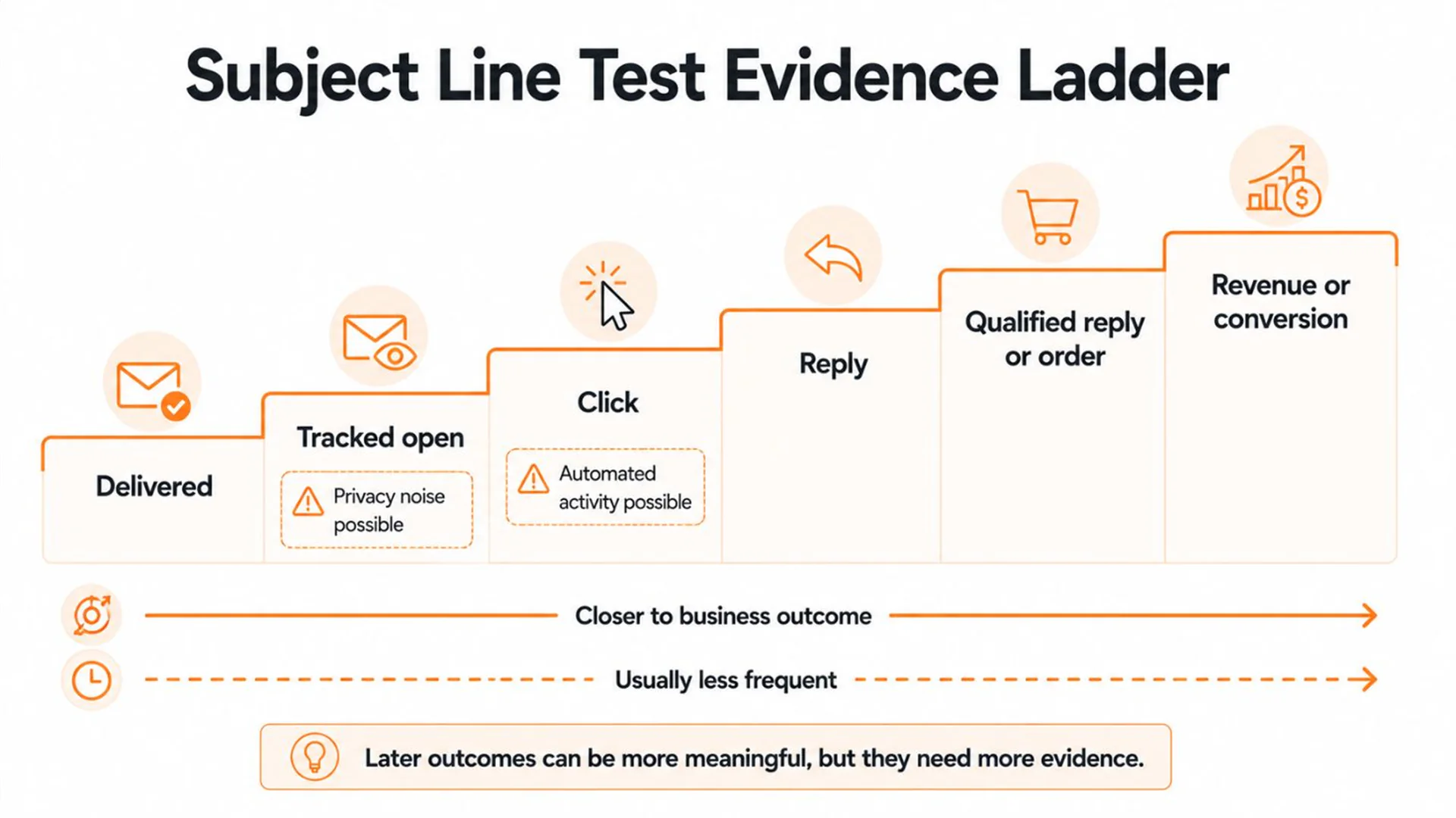 Evidence ladder from delivery and tracked opens through clicks, replies, orders, conversions, and revenue, with privacy and bot caveats.