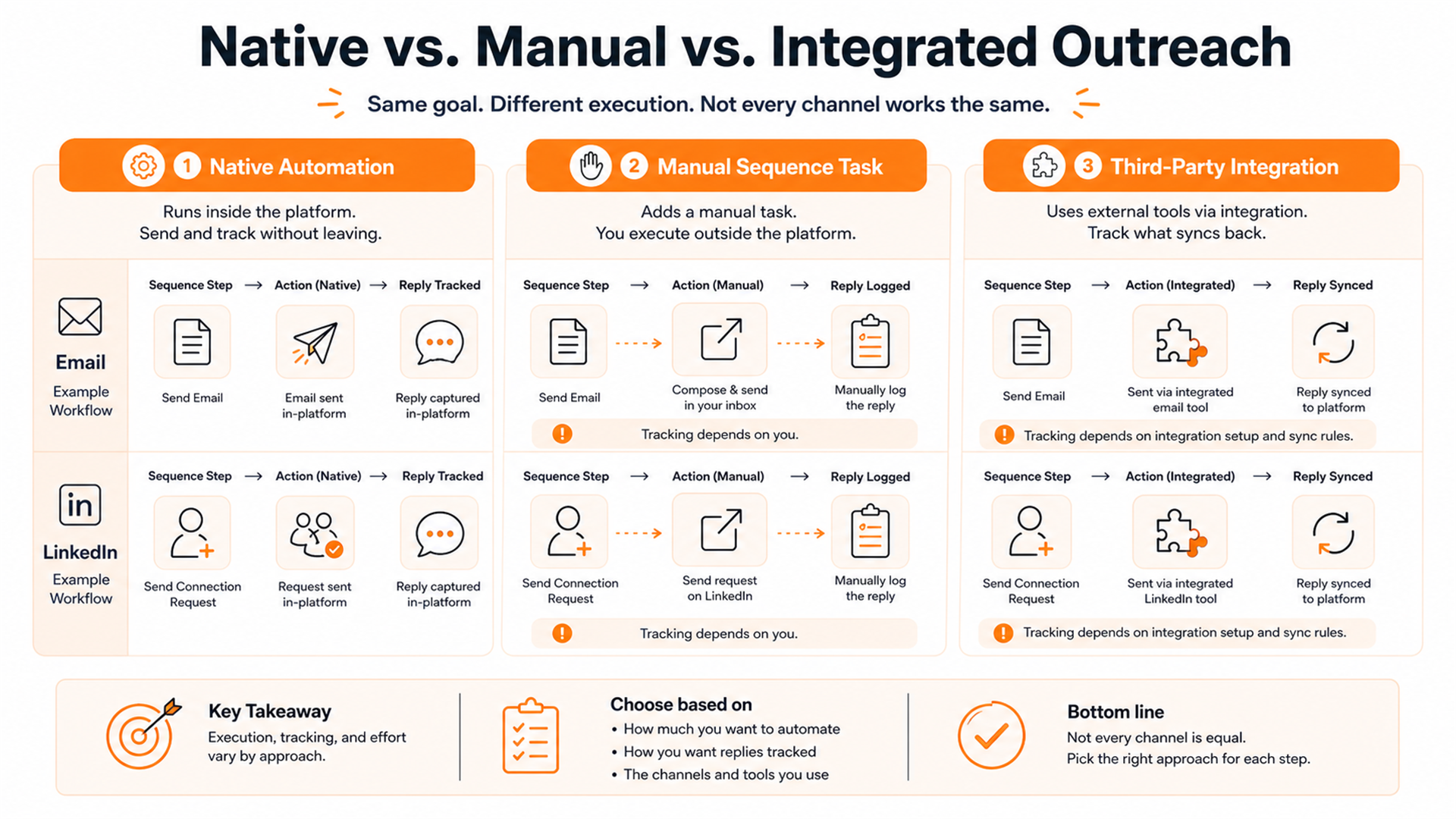 Comparison of native outreach automation, manual sequence tasks, and third-party channel integrations.