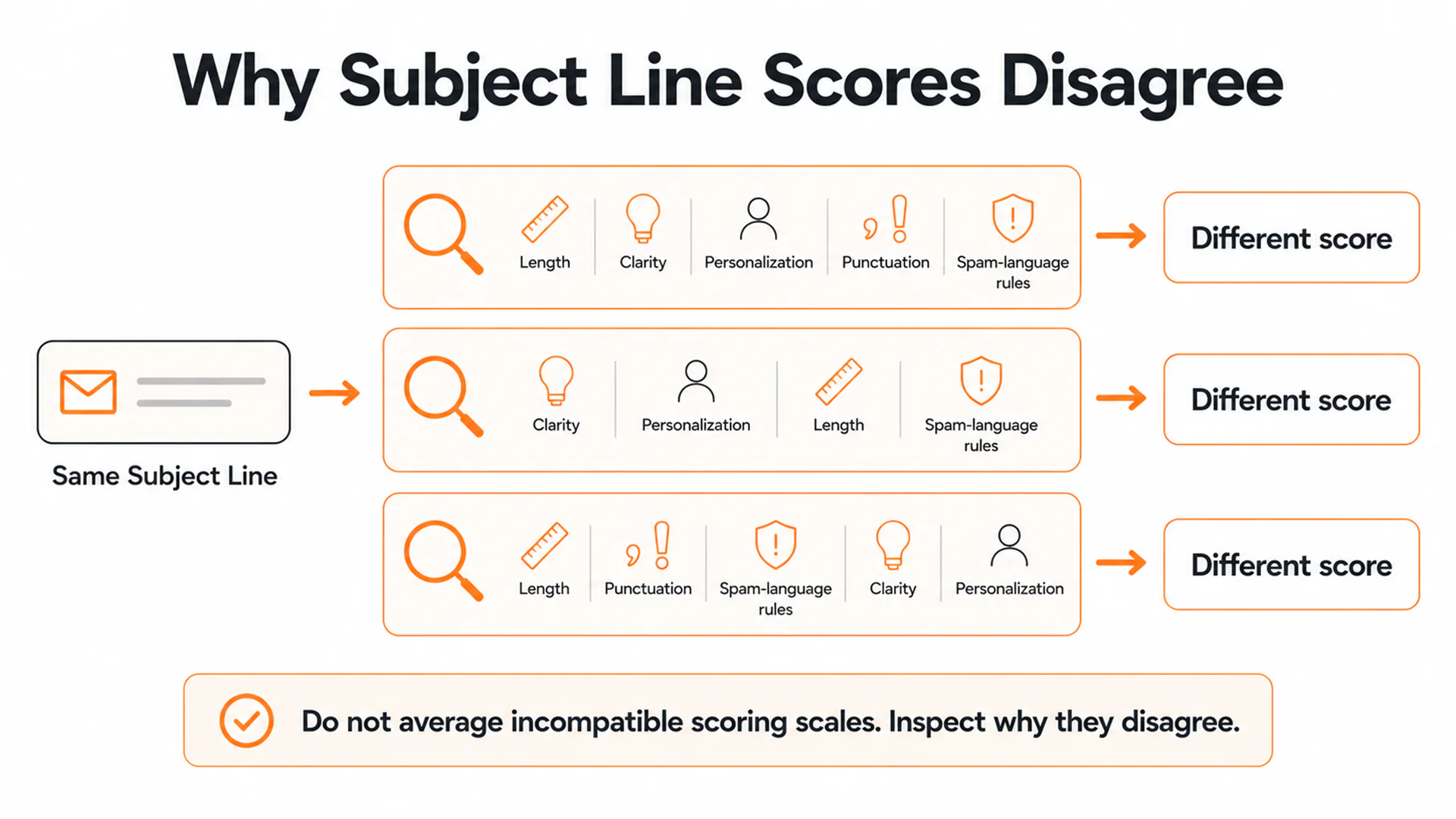 Diagram showing one hypothetical subject receiving different rule feedback from several subject-line scorers without fabricated scores.