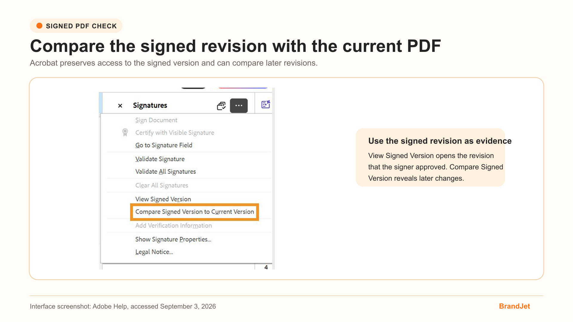 Adobe Acrobat Signatures panel showing View Signed Version and Compare Signed Version to Current Version