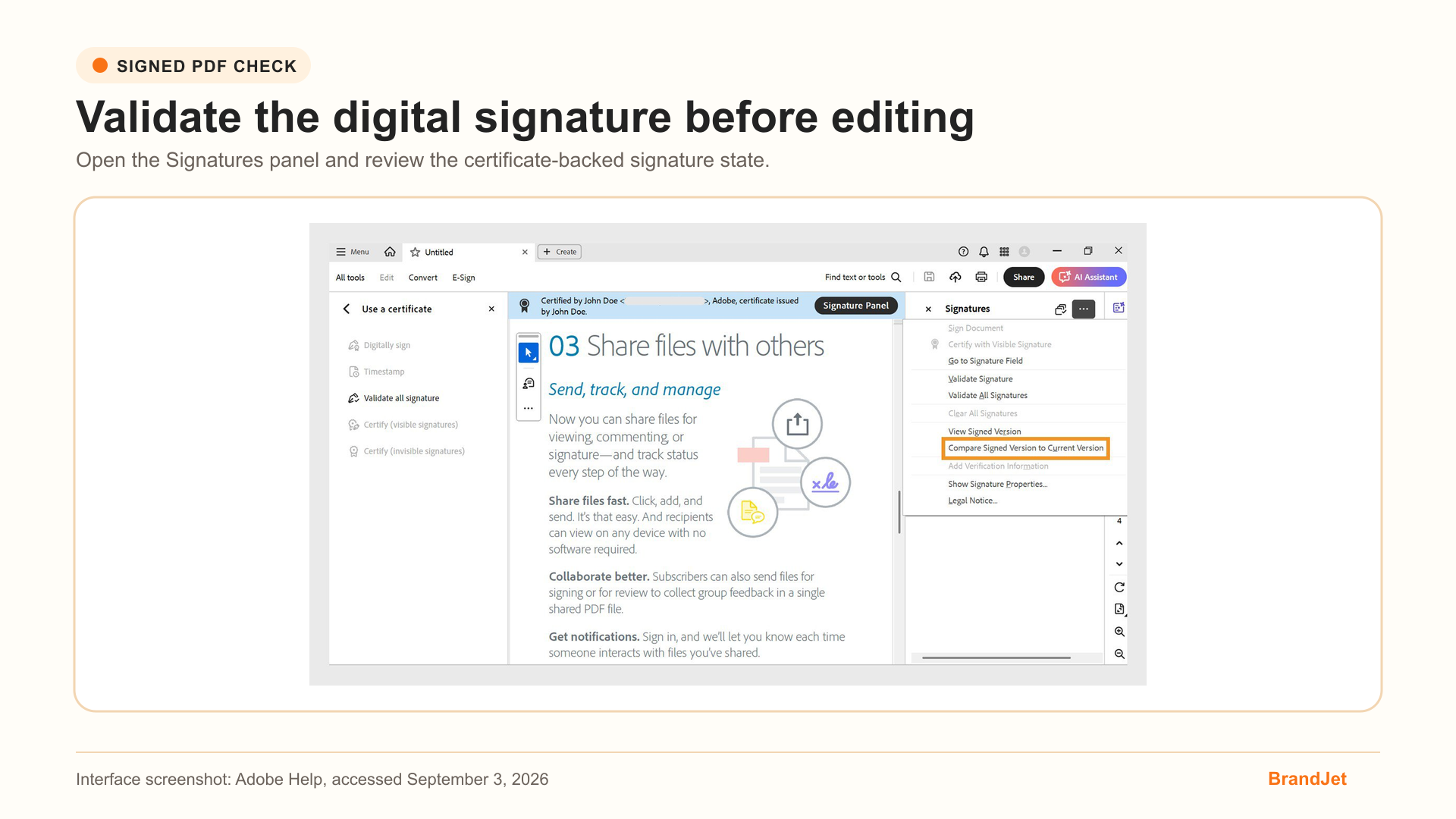 Adobe Acrobat Signatures panel showing validation and signed-version controls