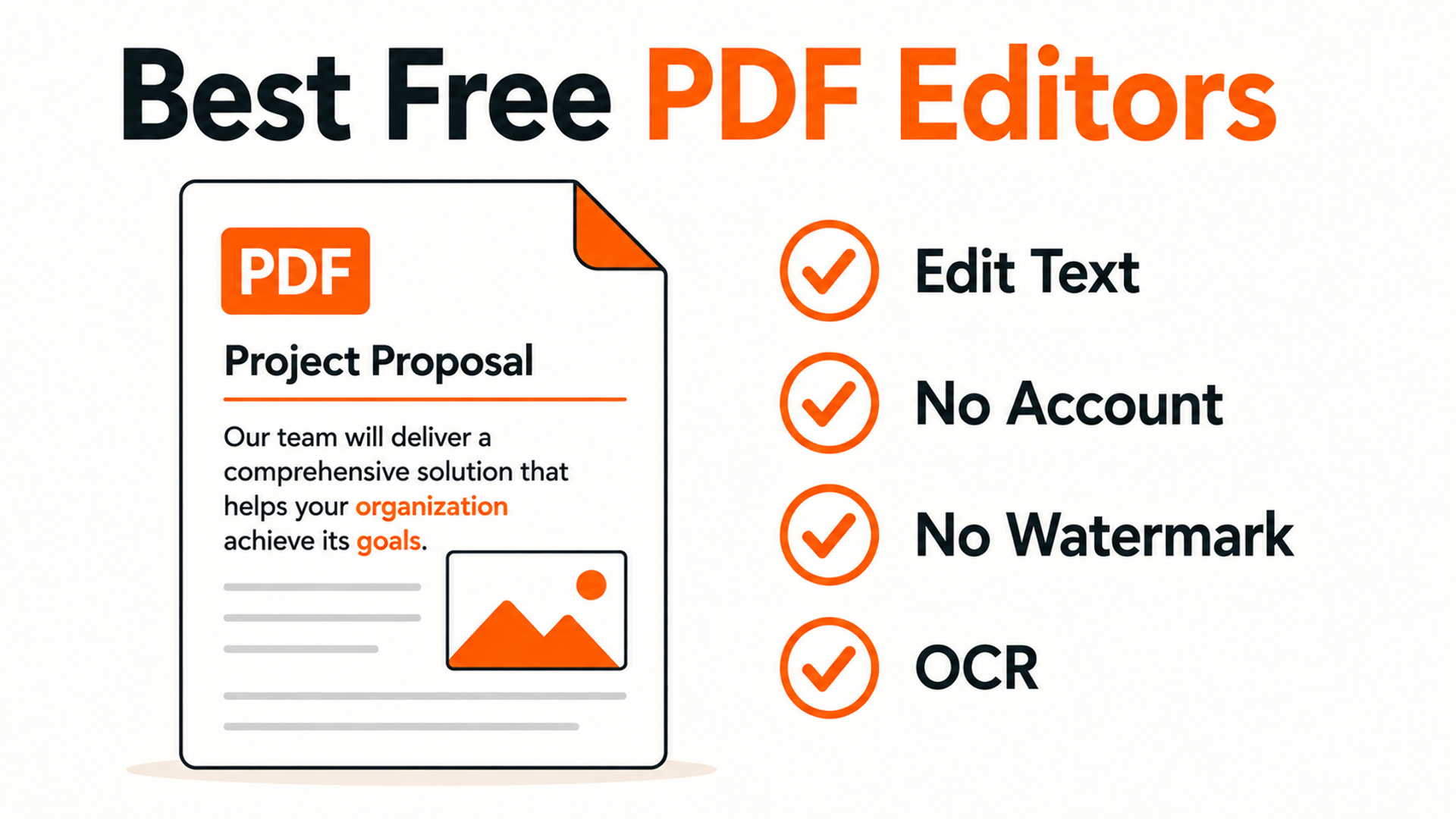 Illustration comparing free PDF editing with text editing, no account, no watermark, and OCR checks