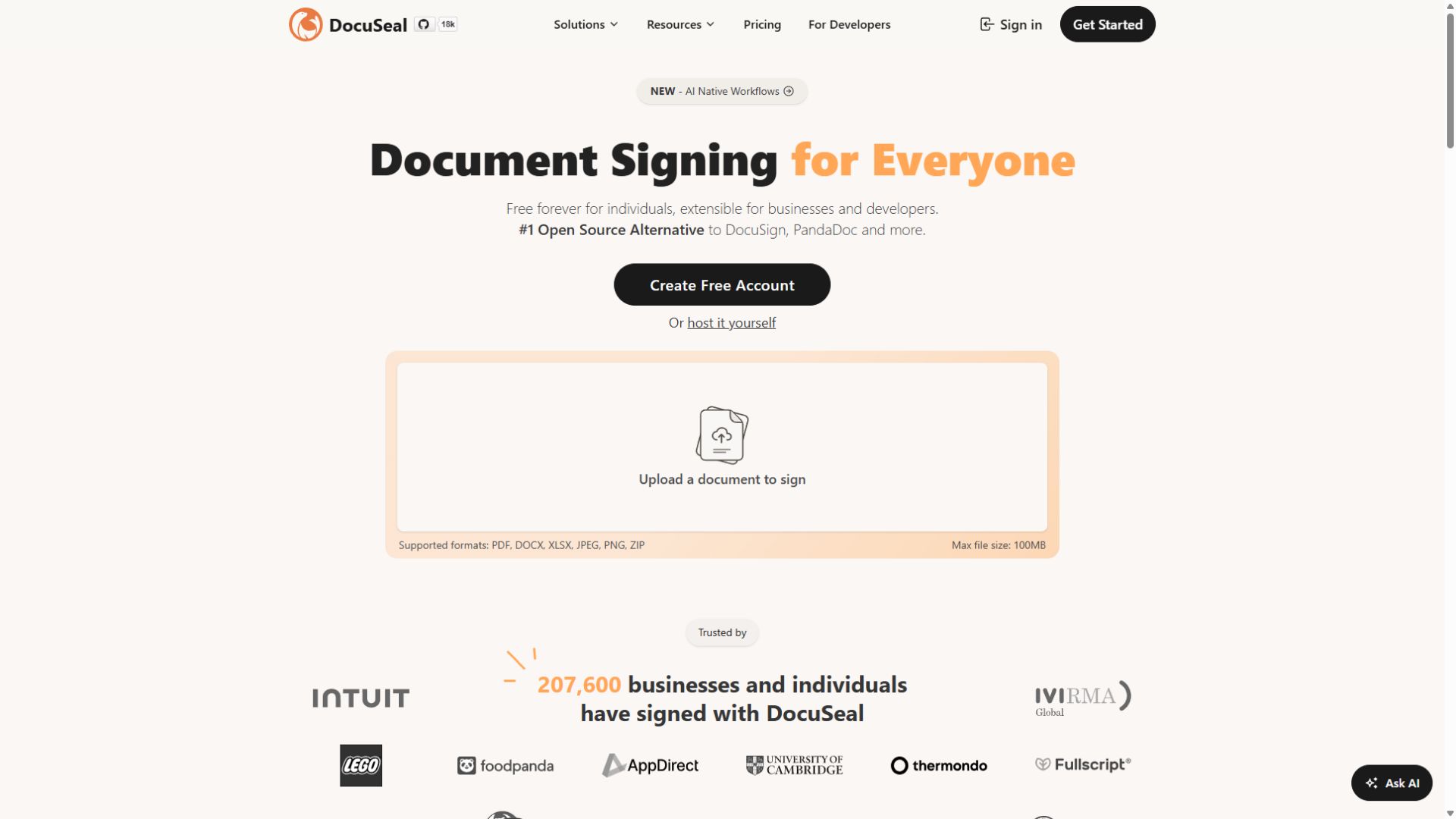 DocuSeal homepage screenshot captured September 3 2026