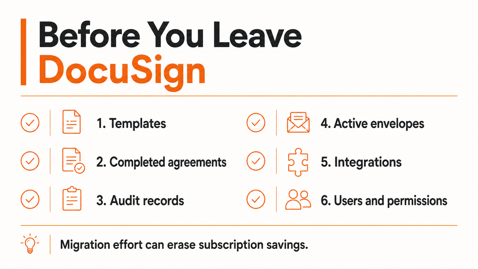 Checklist of templates, completed agreements, audit records, active envelopes, integrations, and users to review before leaving DocuSign