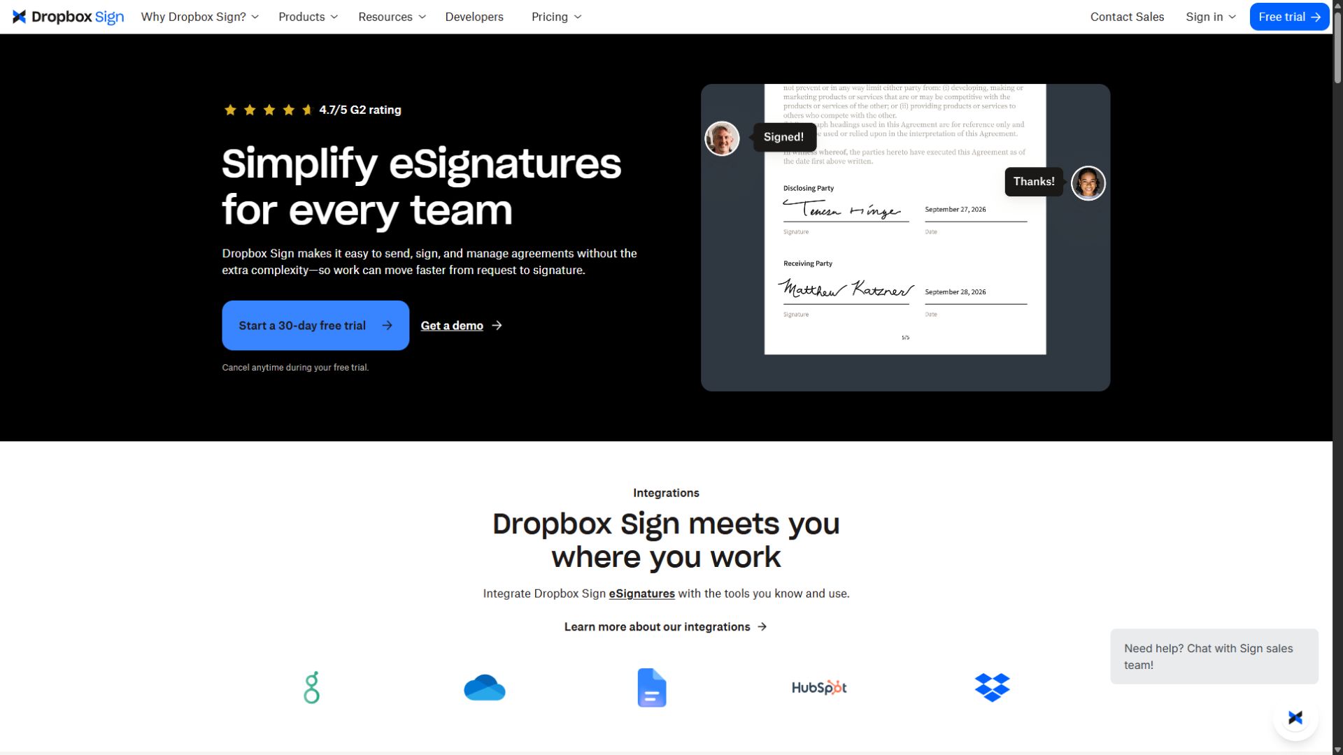 Dropbox Sign homepage screenshot captured September 3 2026