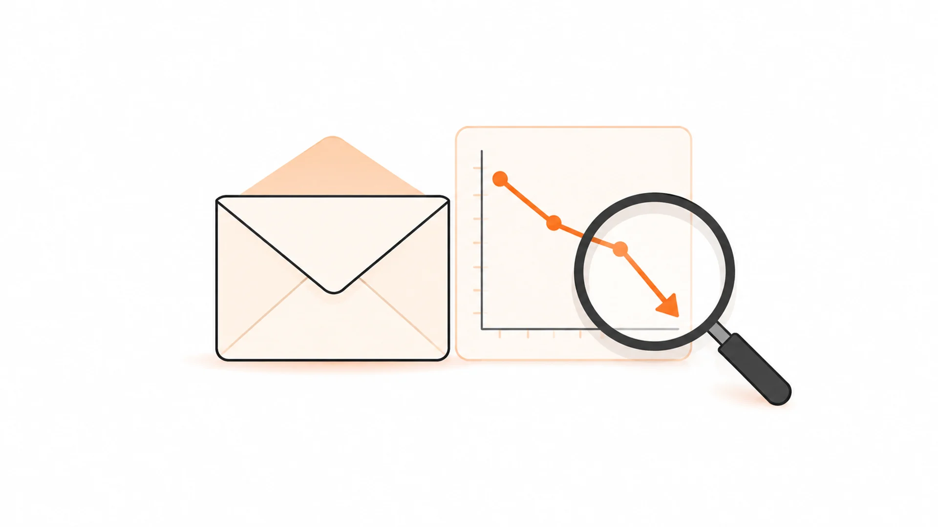 Envelope and declining chart under inspection for an email open rate drop