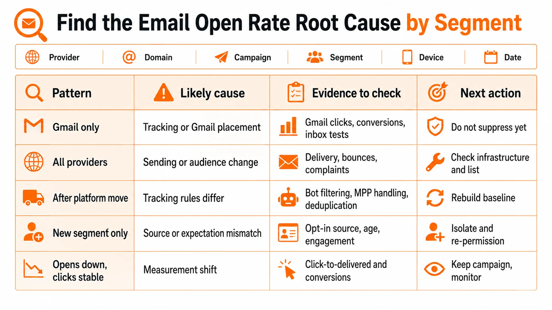 Diagnostic table for email open rate drops by provider, migration, segment, and click behavior
