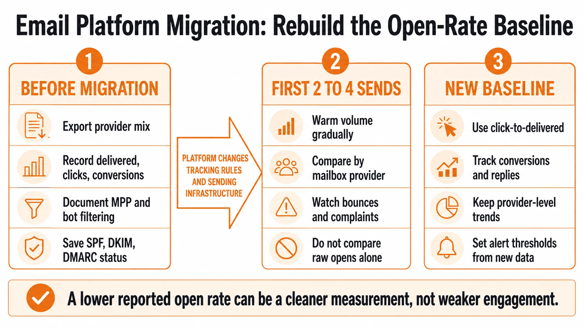 Three-stage checklist for rebuilding an email open rate baseline after platform migration