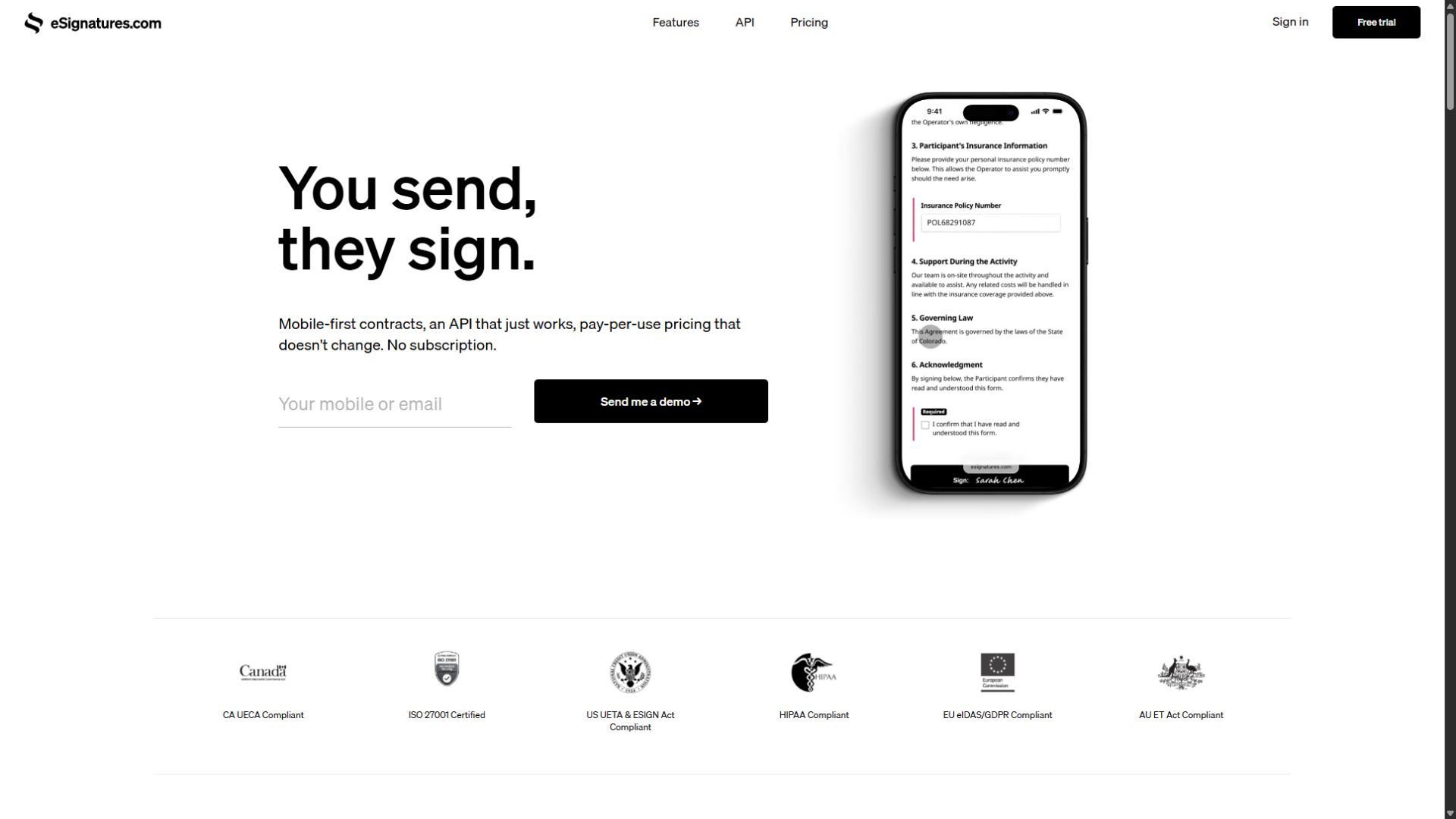 eSignatures.com homepage screenshot captured September 3 2026