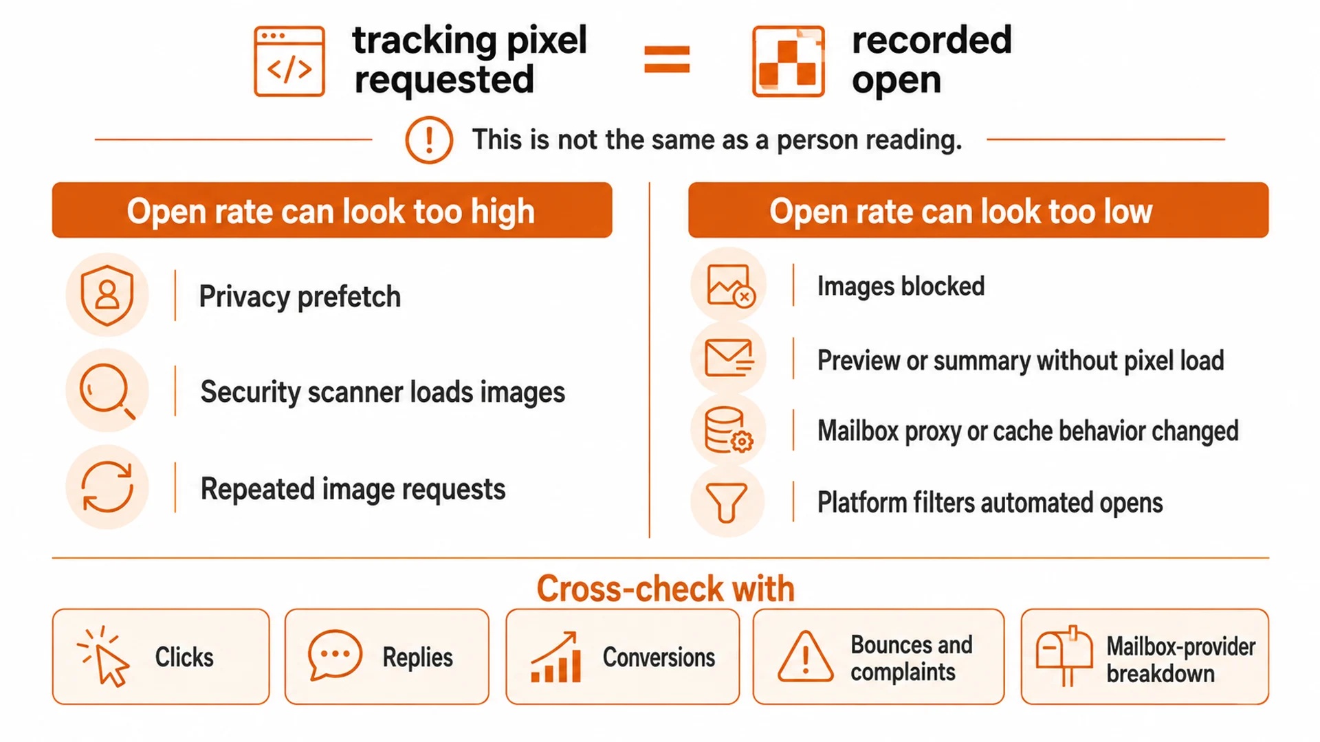 Email open tracking diagram showing why pixel loads can overcount or undercount human attention