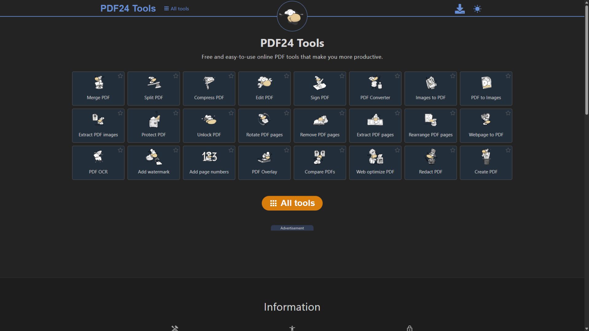 PDF24 Tools homepage screenshot captured September 3 2026