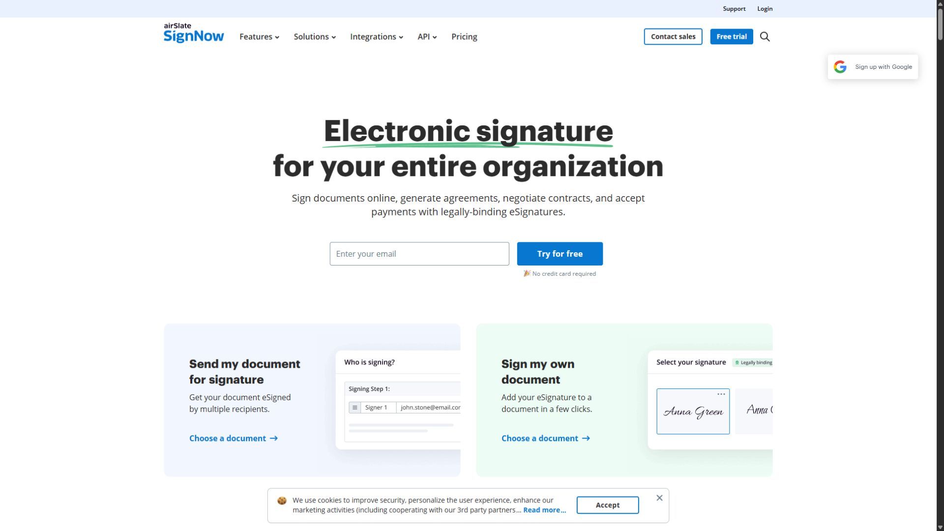 signNow homepage screenshot captured September 3 2026