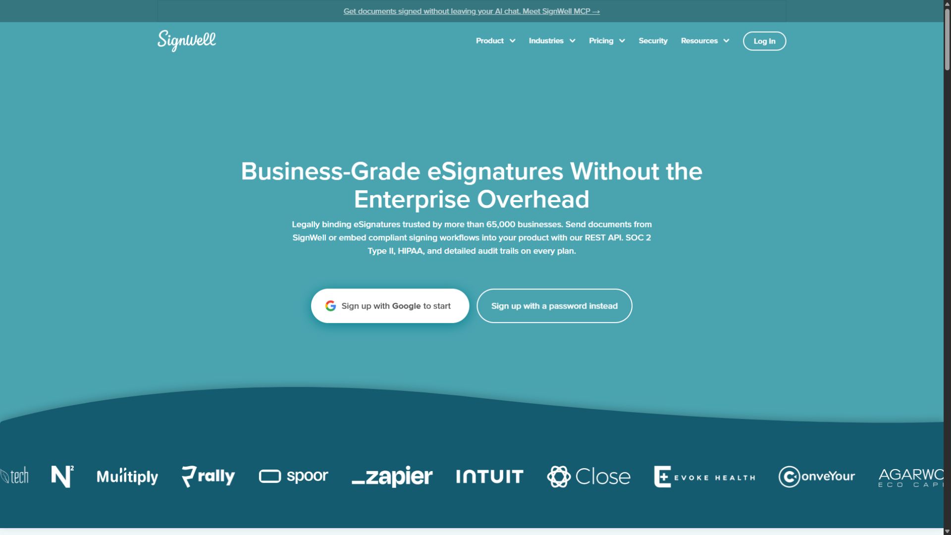 SignWell homepage screenshot captured September 3 2026