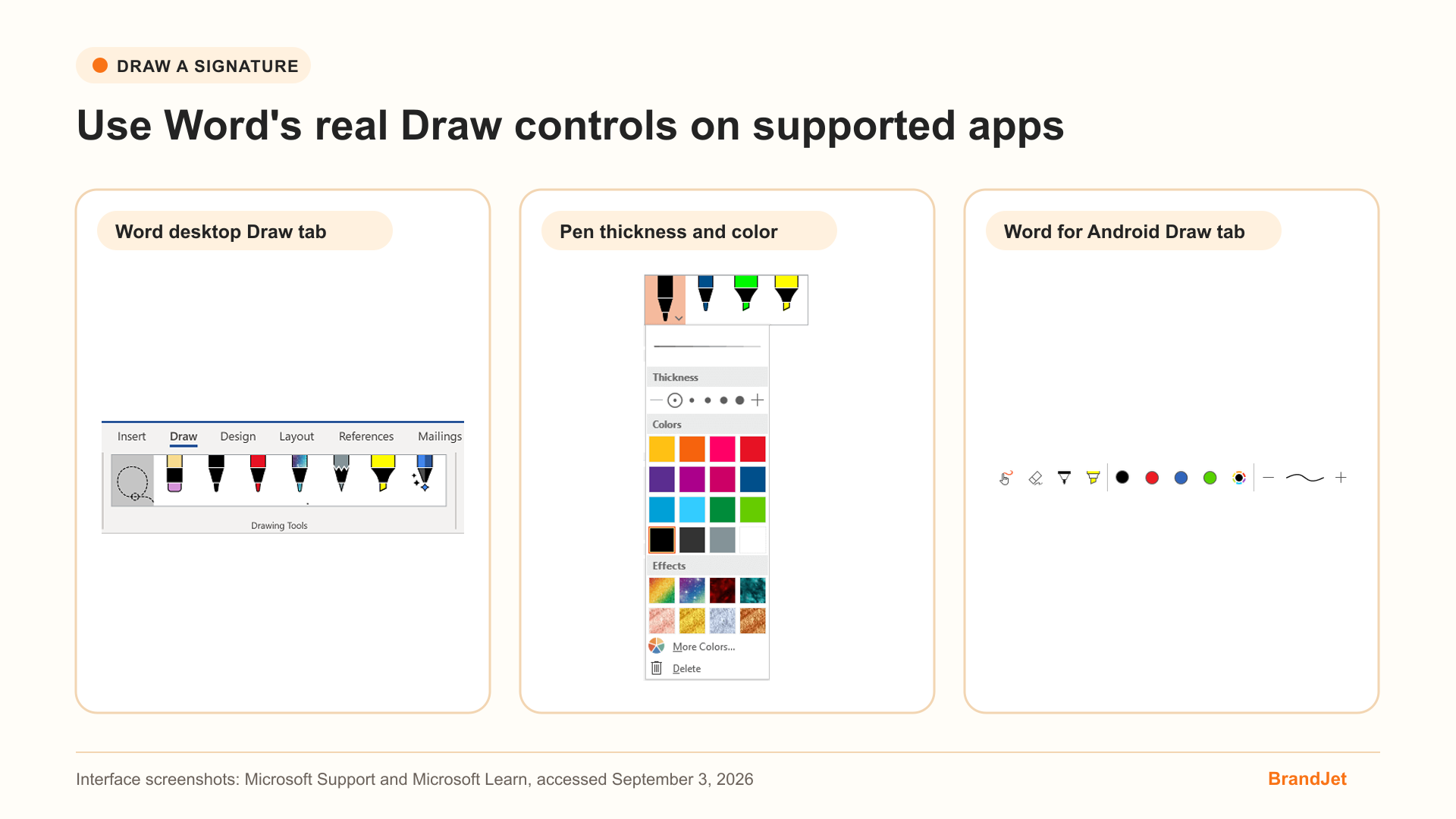 Word desktop and Android Draw controls with pen settings