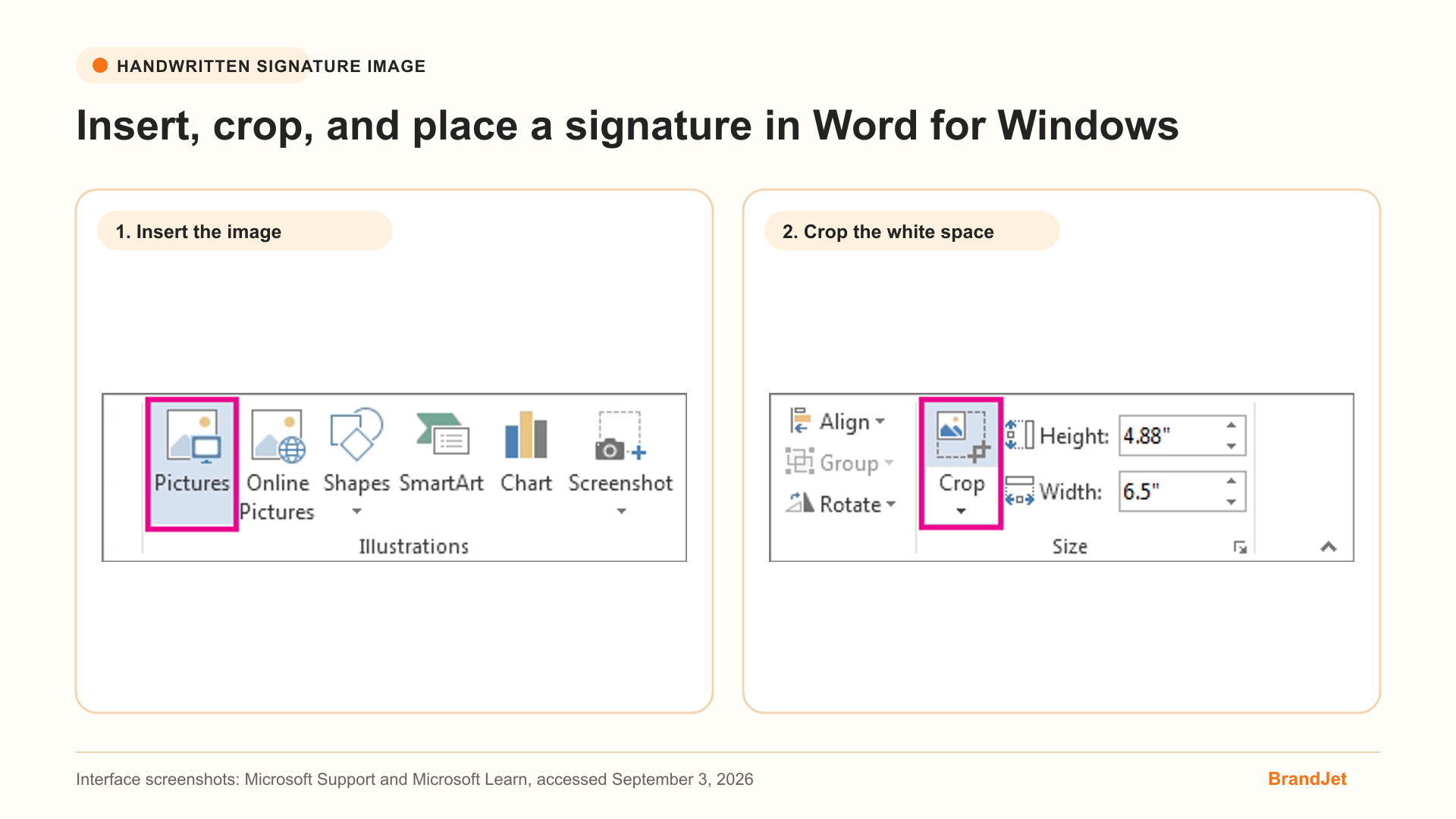 Microsoft Word for Windows Pictures and Crop commands used to insert a handwritten signature image