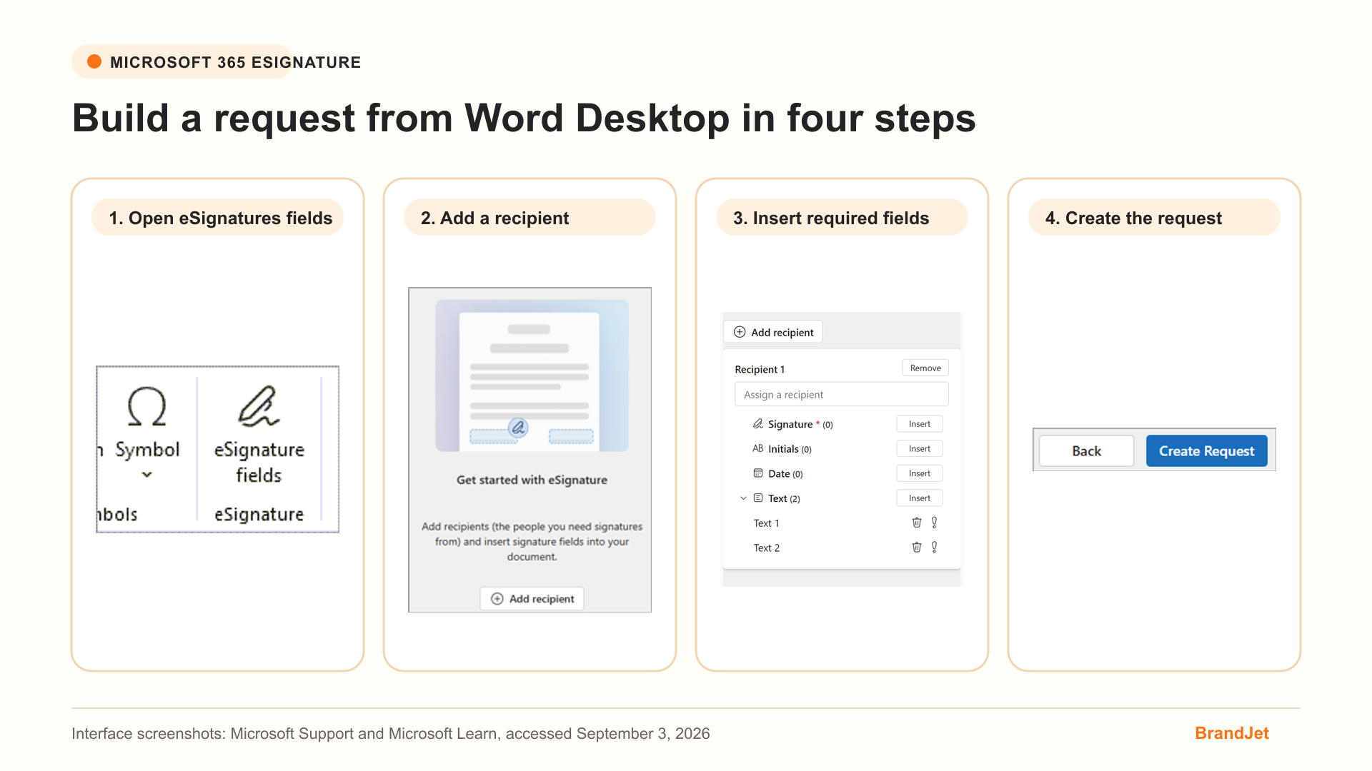 Microsoft Word eSignature fields workflow from opening the panel through creating the request