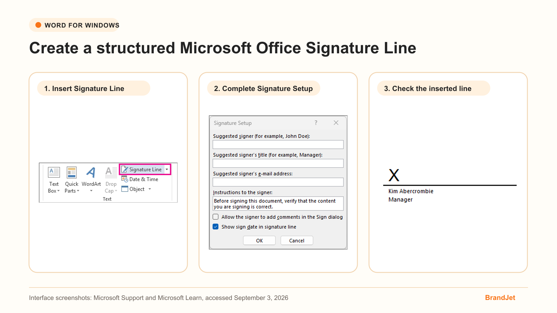 Microsoft Word Signature Line command, Signature Setup dialog, and inserted signature line