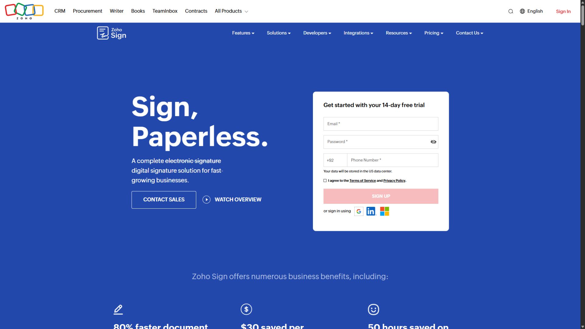 Zoho Sign homepage screenshot captured September 3 2026